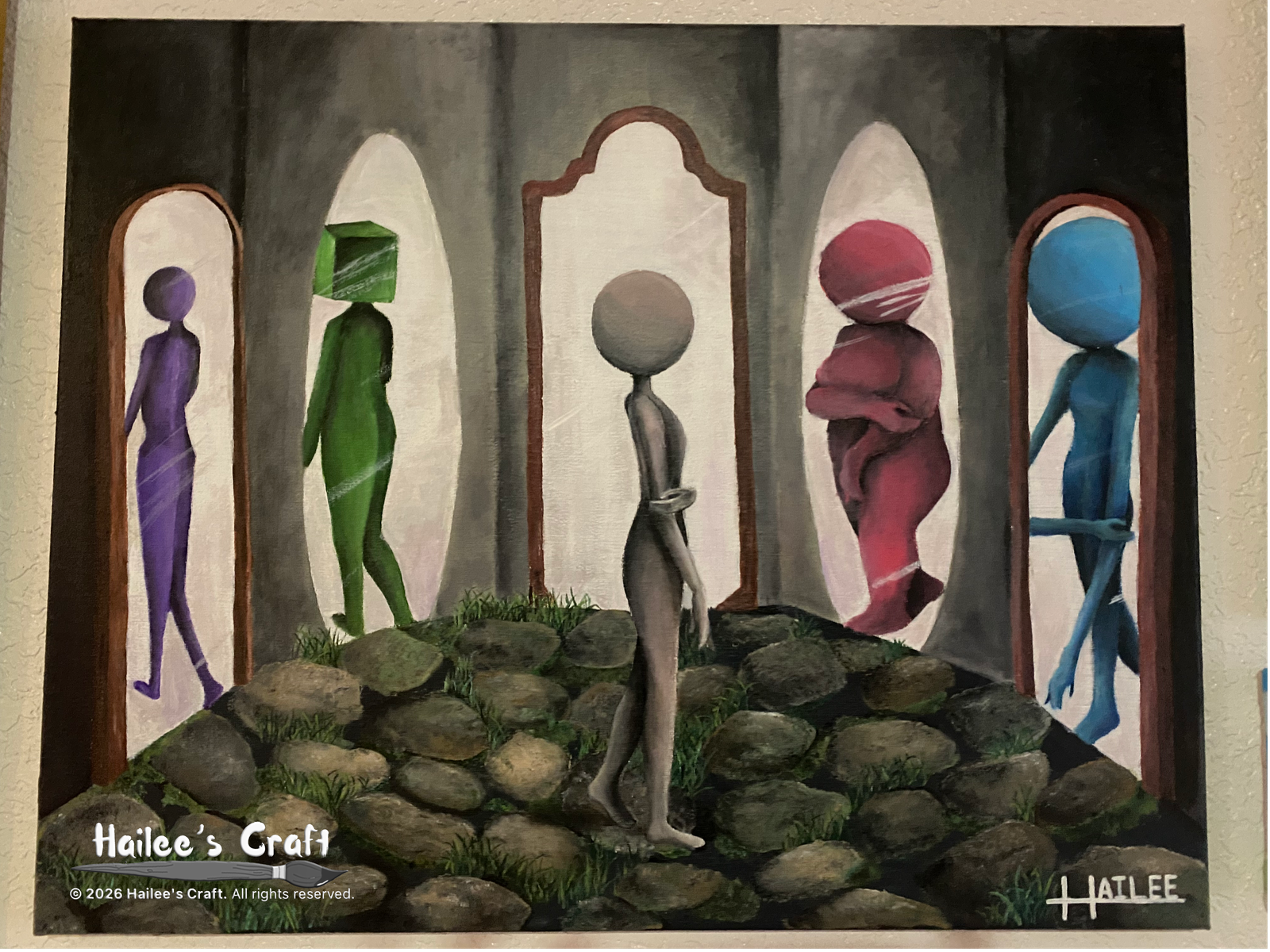 a horizontal rectangular painting depicting a girl in a surreal art style. the girl has a smooth gray body and a spherical head. she has no facial features nor clothes or hair. she stands in a dark room surrounded by 5 mirrors. the walls are a dark gray and the floors are covered in stone overgrown with moss. each mirror focuses on a different insecurity. the reflection in the first mirror is an extremely thin version of the girl. her skin in this image is purple and her spine can be seen through her skin. in the second mirror is a version of the girl with a square head. her skin in this image is green. the third mirror has no reflection in it.the reflection in the fourth mirror is a larger, curvier version of the girl. her skin in this image is red.the reflection in the fith mirror is a mispropotioned version of the girl. her arms reach all the way to the floor and her head is double the size of her body. her skin in this image is blue.